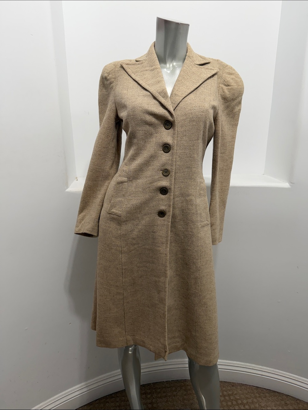 Vintage 1940s Wool Tailored Tan Button Front Princess Coat